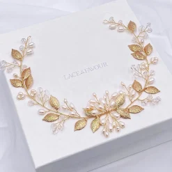 Lace & Favour Pearl Hair Accessories | Gold Hair Accessories*Woodland Dream Gold Leaves and Freshwater Pearl Hair Vine Ivory/ Gold