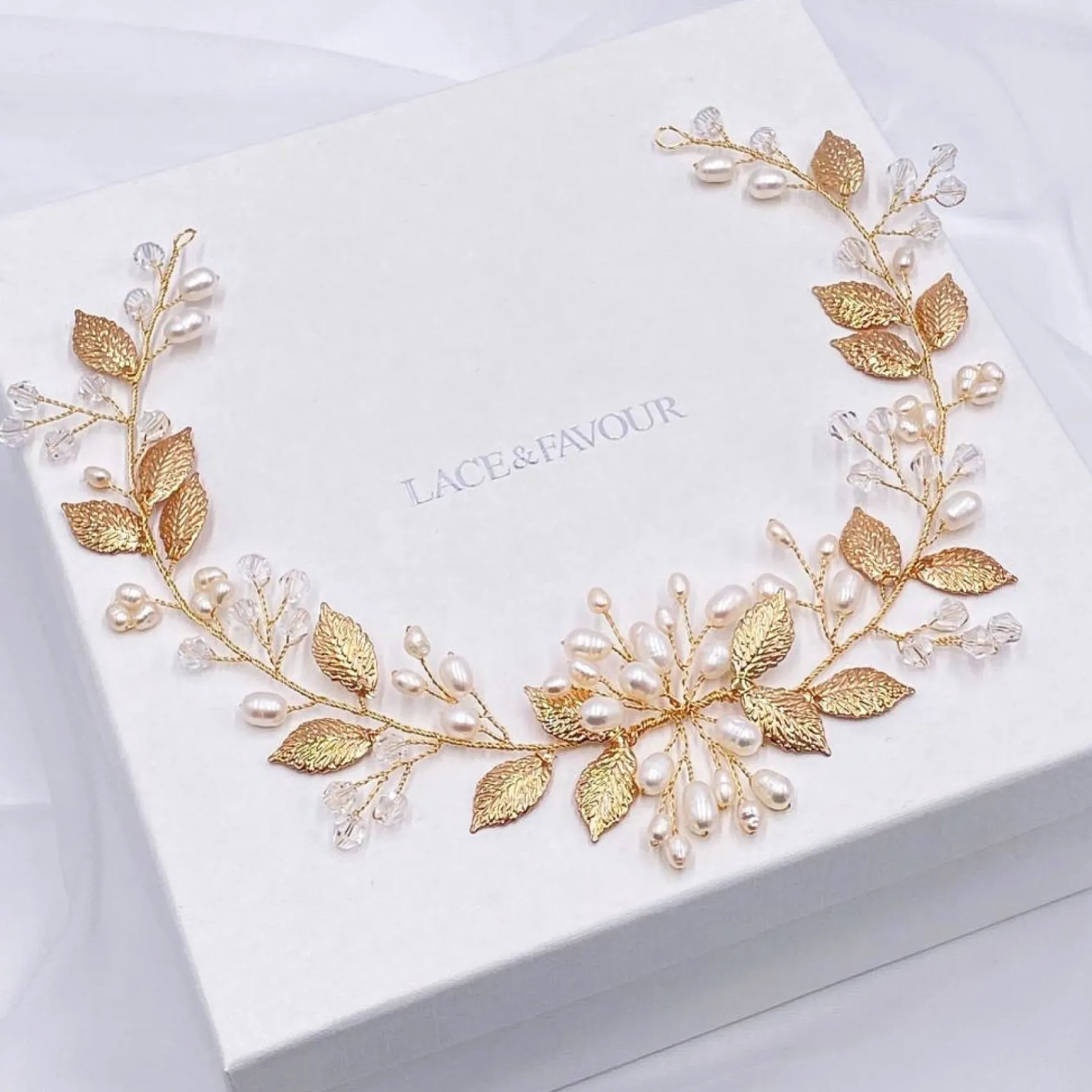 Lace & Favour Pearl Hair Accessories | Gold Hair Accessories*Woodland Dream Gold Leaves and Freshwater Pearl Hair Vine Ivory/ Gold
