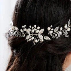 Lace & Favour Pearl Hair Accessories | Silver Hair Accessories*Woodland Dream Silver Leaves and Freshwater Pearl Hair Vine Ivory/ Silver