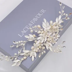 Twilight Designs Pearl Hair Accessories | Silver Hair Accessories*Zelda Silver Flowers and Leaves Wedding Hair Clip Ivory/ Silver